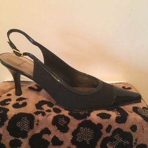 St John Pumps; Black Fabric, Patent Toes